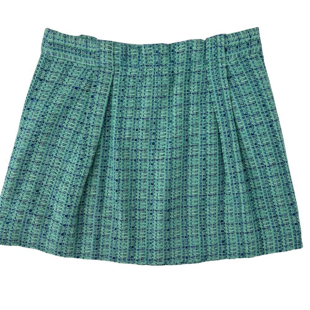 J. Crew Green Turquoise Plaid Tweed Lined‎ Skirt with belt loops